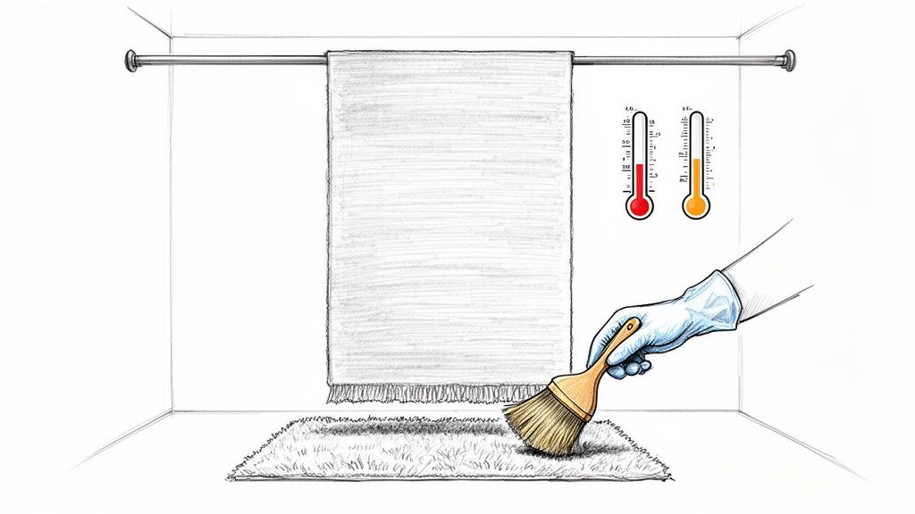 A gloved hand brushes a shaggy rug beneath a hanging white towel, with two thermometers.