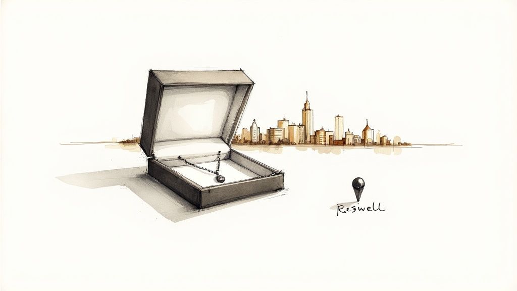 Artistic rendering of an open jewelry box with a necklace, a city skyline, and a 'Reswell' map pin.