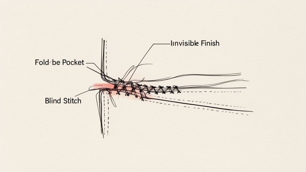 Technical drawing illustrating a blind stitch technique for an invisible pocket finish.