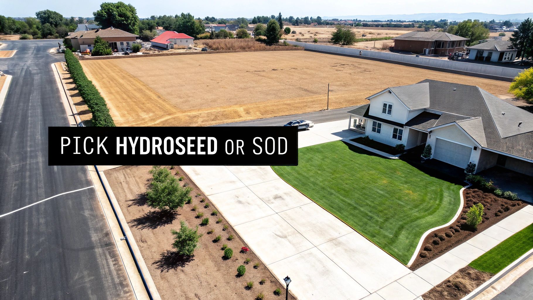Aerial view of a new home with a lush lawn, next to an empty lot, depicting lawn options.
