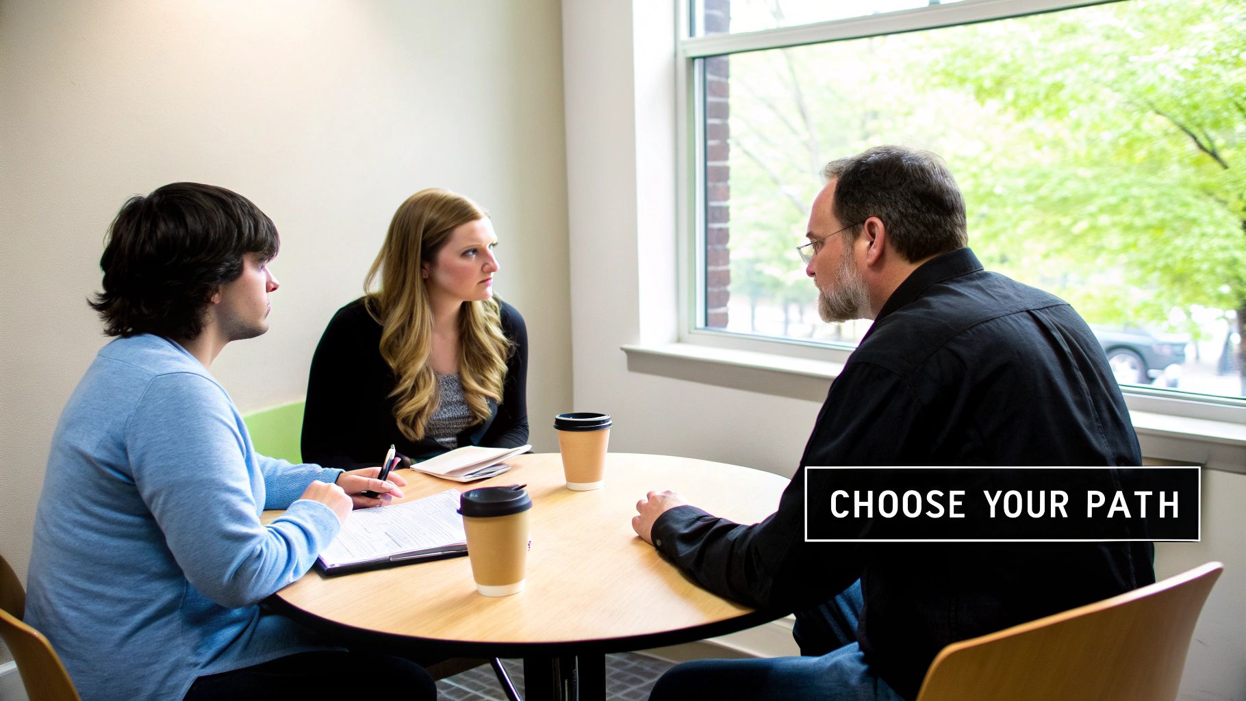 Three individuals, two men and one woman, sit around a table, engaged in a serious discussion.