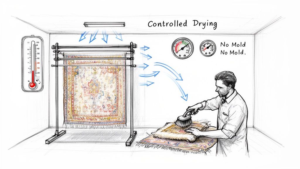 A professional rug drying room with controlled temperature, air circulation, and a worker brushing a rug.