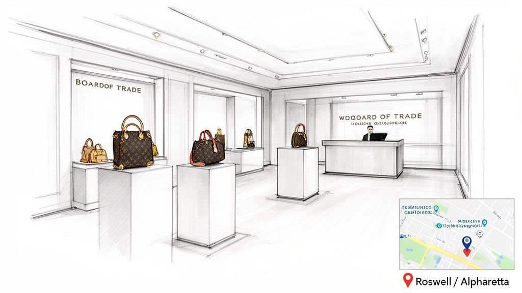A detailed sketch of a luxury handbag store interior with Louis Vuitton bags on display and a location map of Roswell/Alpharetta.