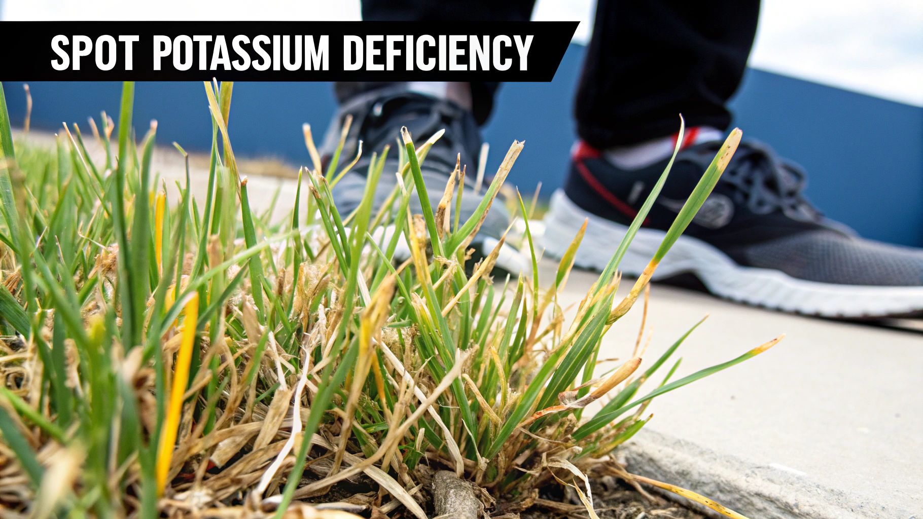 Yellowing grass blades indicating a potential nutrient deficiency in a lawn.