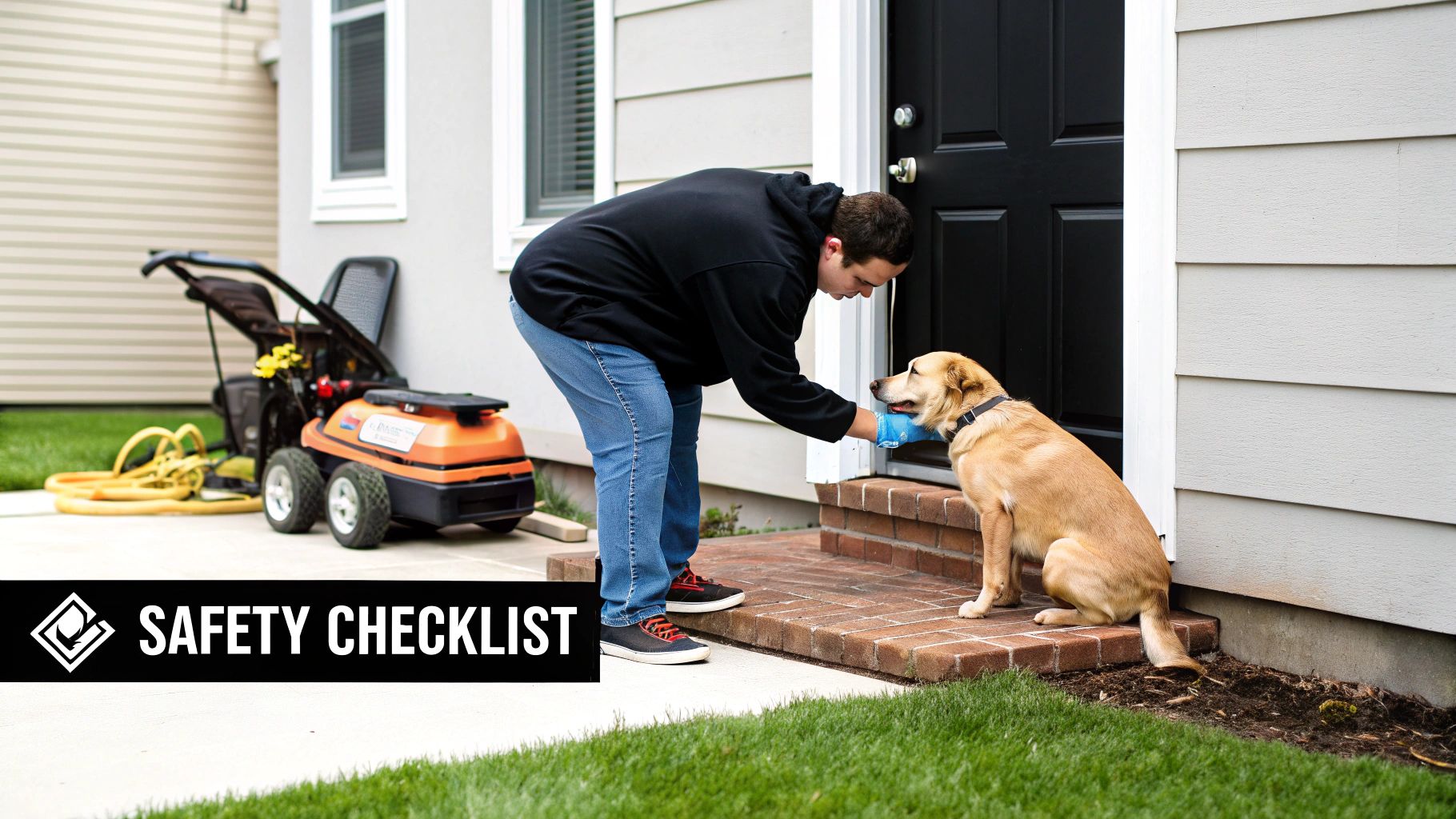 A person in protective gloves spraying a lawn, with a dog watching safely from behind a glass door.