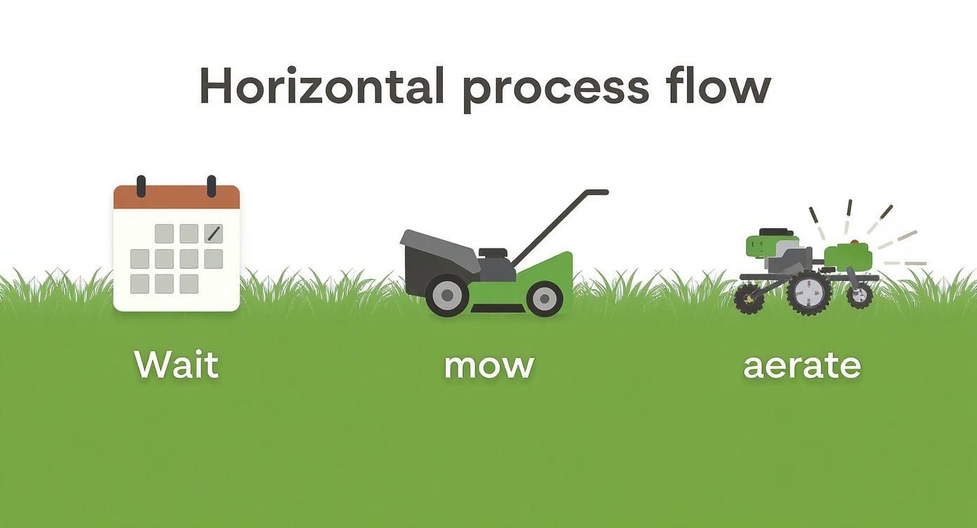Infographic showing a process flow for spring lawn aeration: Wait for active growth, Mow the lawn, then Aerate the soil.