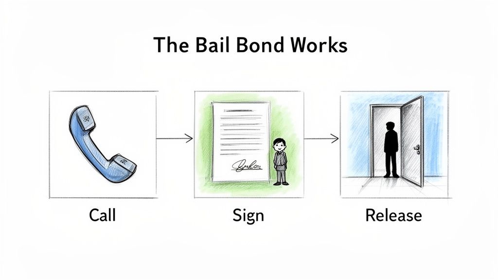 A three-step diagram shows how bail bonds work: call, sign the agreement, and release from custody.