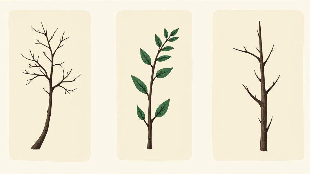 Three illustrations show a bare tree, a green leafy branch, and a straight, bare tree trunk.