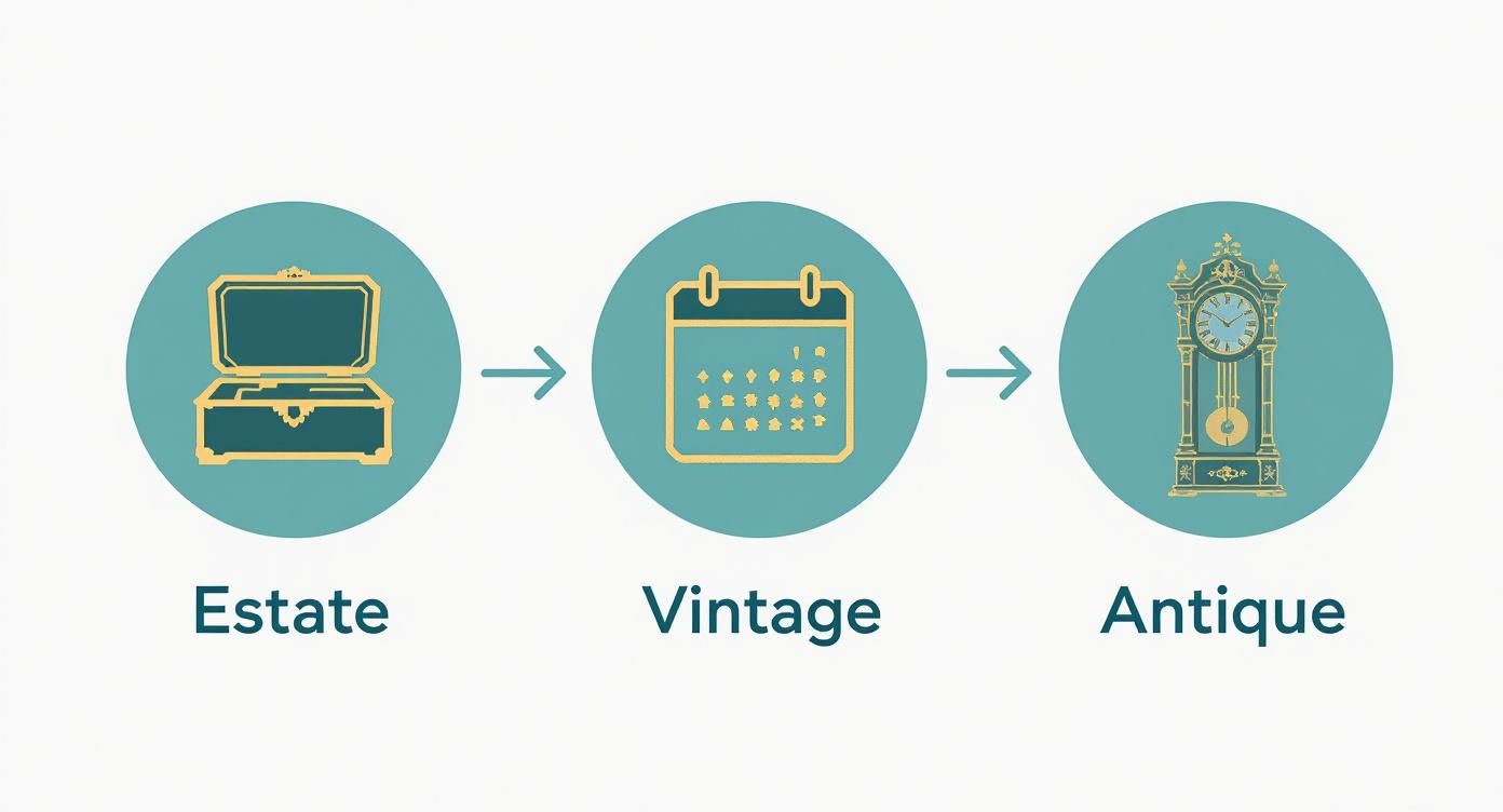 Flowchart illustrating the definitions of estate, vintage, and antique items with corresponding icons.
