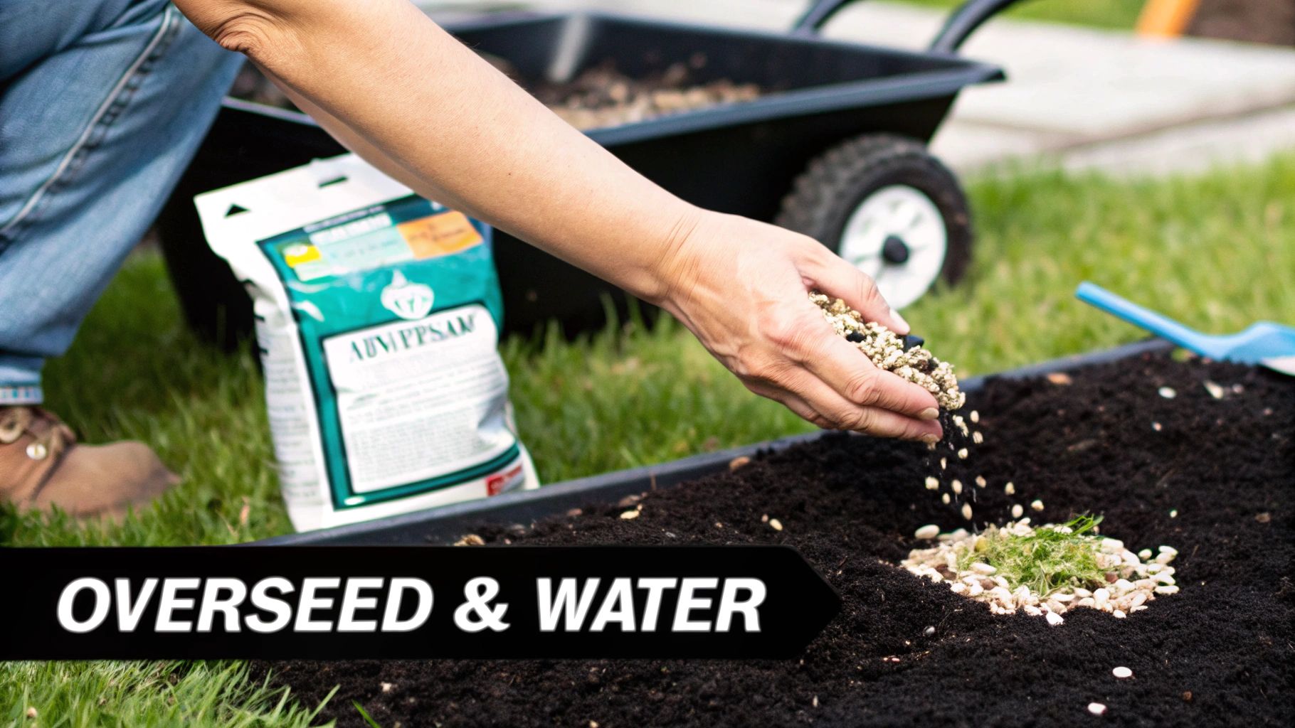 Close-up of grass seed and fertilizer being spread on a recently aerated lawn.