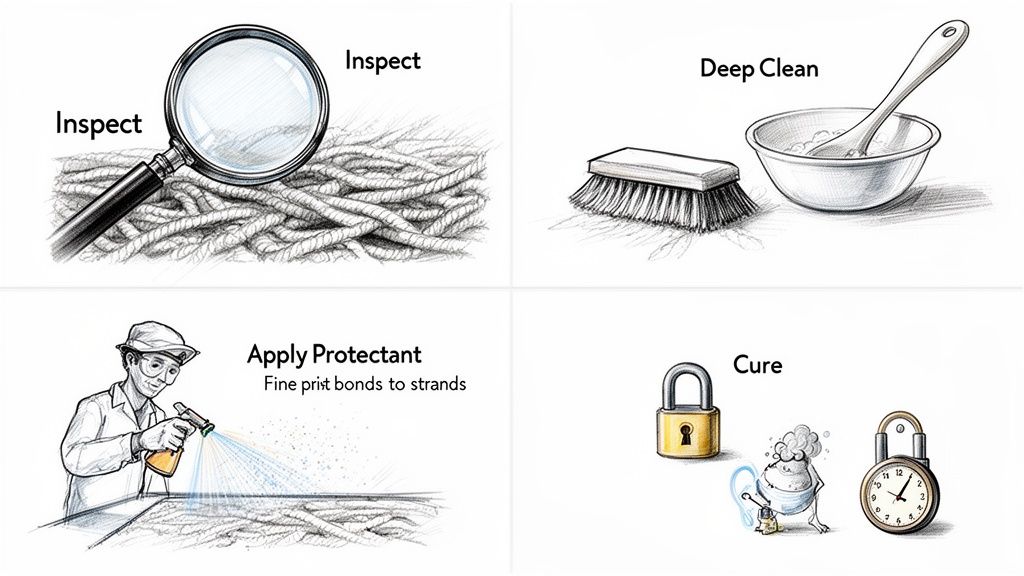 Illustrative steps for rug care: inspecting fibers, deep cleaning, applying protectant, and curing.