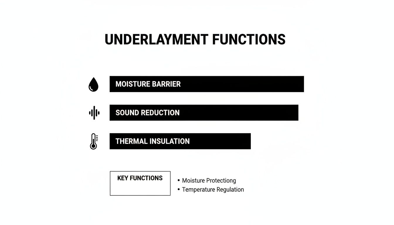 An infographic detailing underlayment functions: moisture barrier, sound reduction, and thermal insulation.