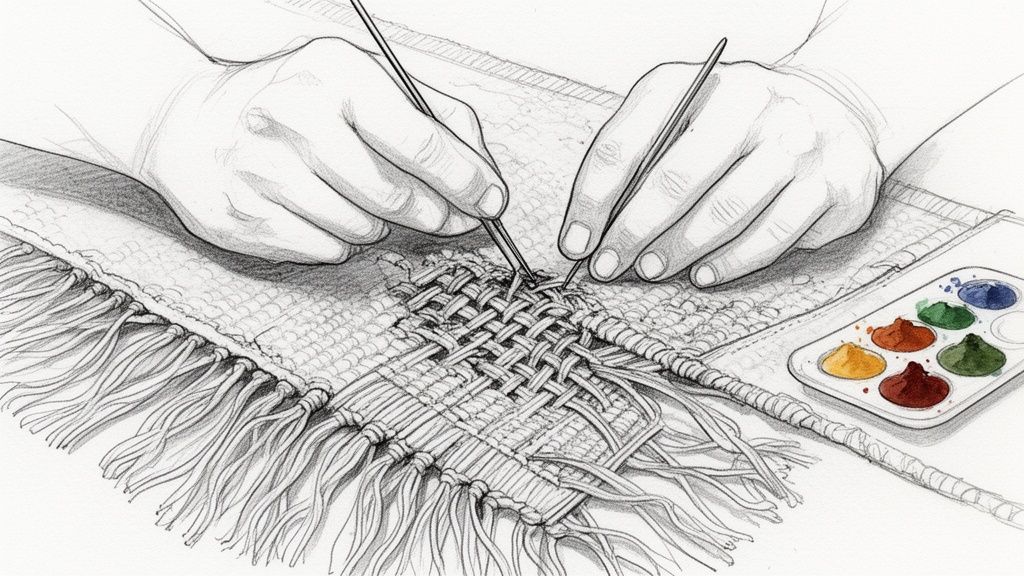 Hands skillfully weaving and repairing a textured rug with tools, alongside a colorful paint palette.