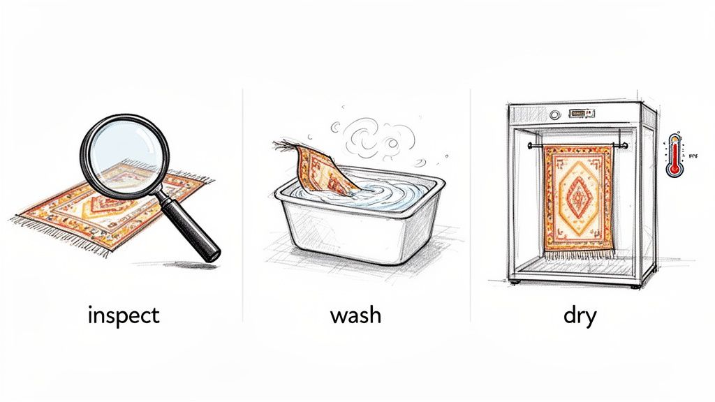 Illustrations show the rug cleaning process: inspection, washing in a basin, and drying with heat.