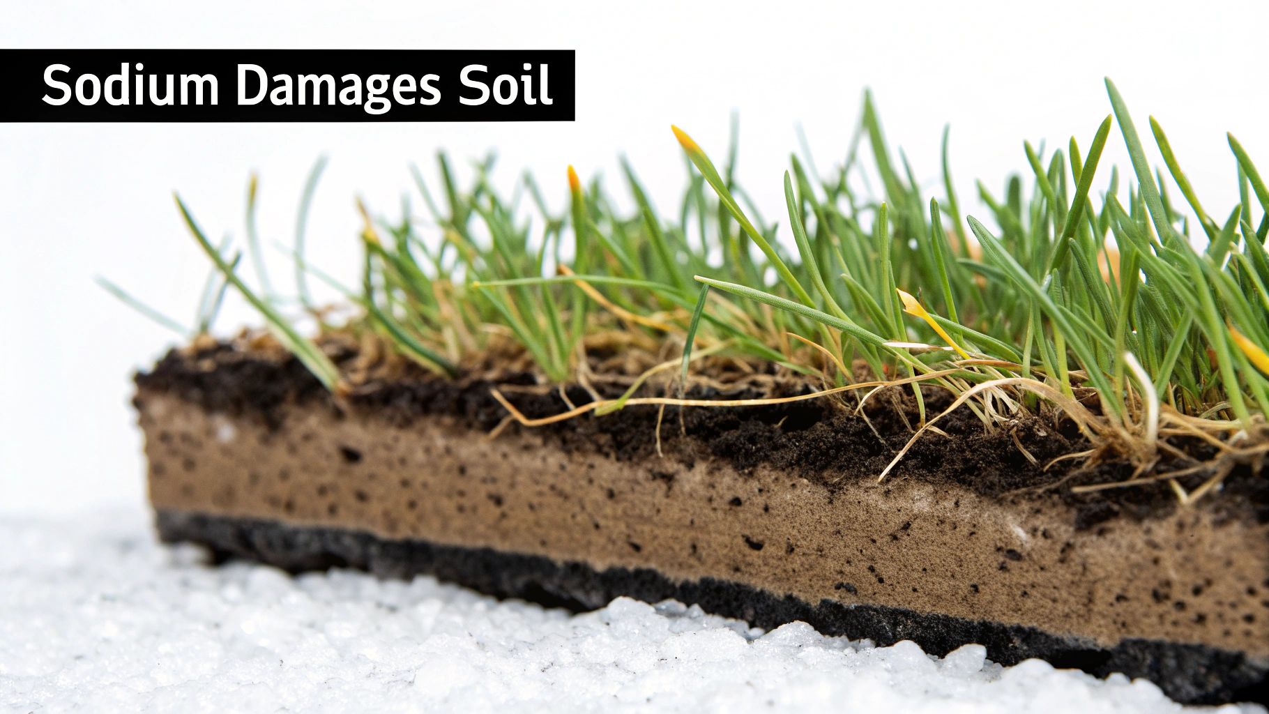 Cross-section showing damaged grass and soil layers affected by sodium salt accumulation