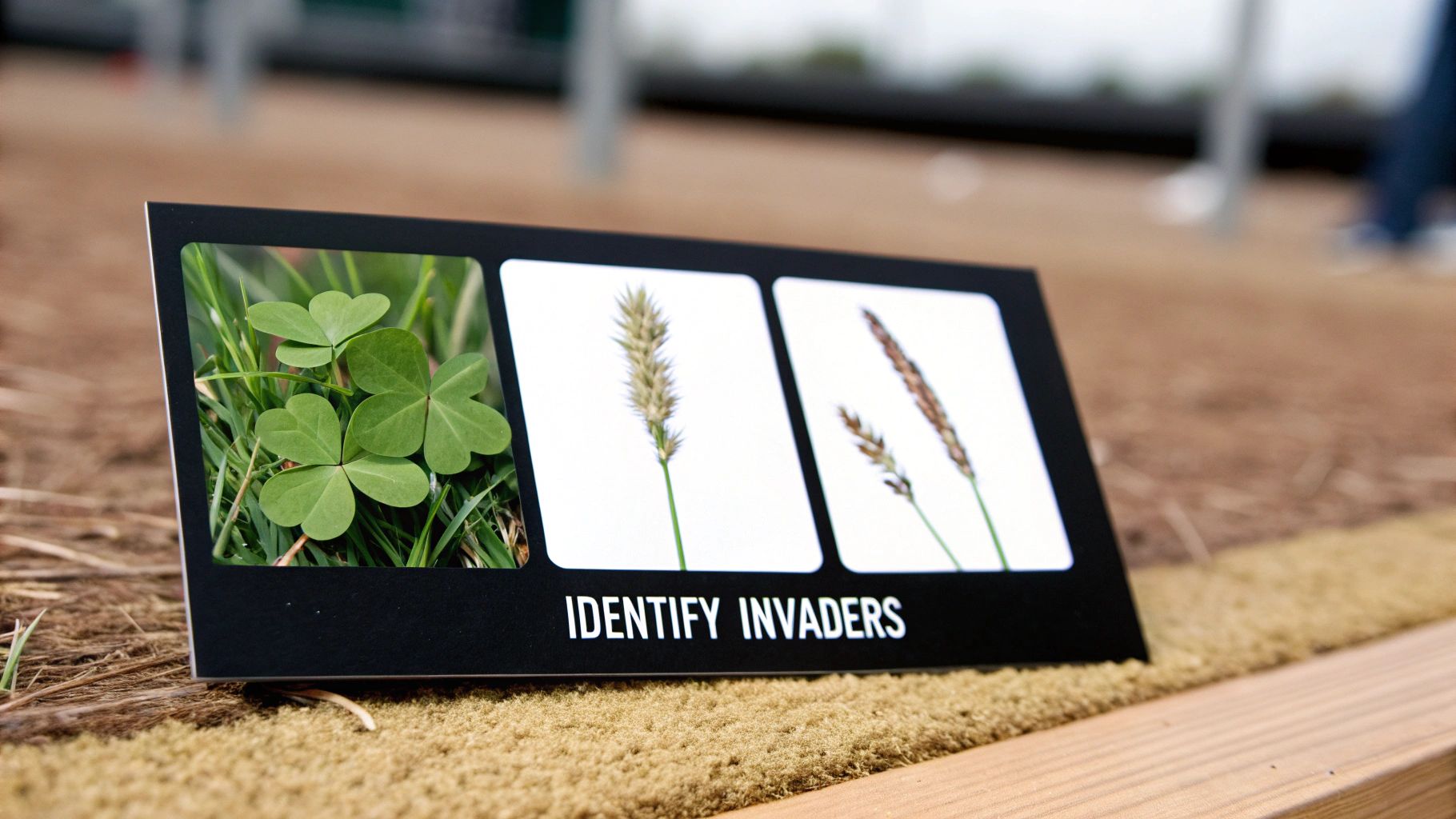 A sign displaying images of clover and two types of weeds, with the text 'IDENTIFY INVADERS'.