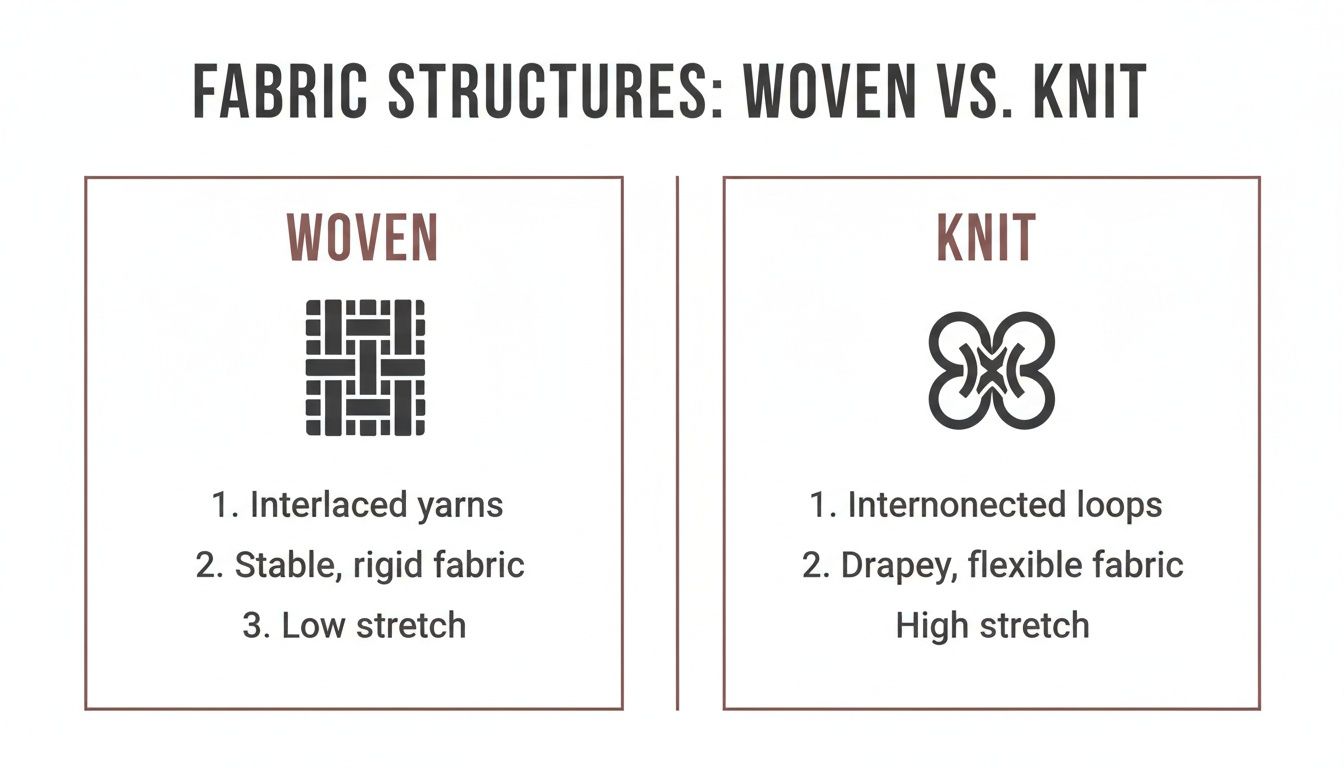 An infographic comparing woven and knit fabric structures, showing interlaced yarns vs. interconnected loops and their properties.