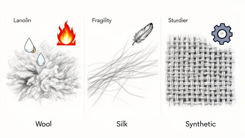 Illustration comparing properties of wool, silk, and synthetic fabrics, highlighting lanolin, fragility, and durability.