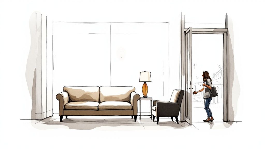 A minimalist sketch of a living room with a woman entering through a door.