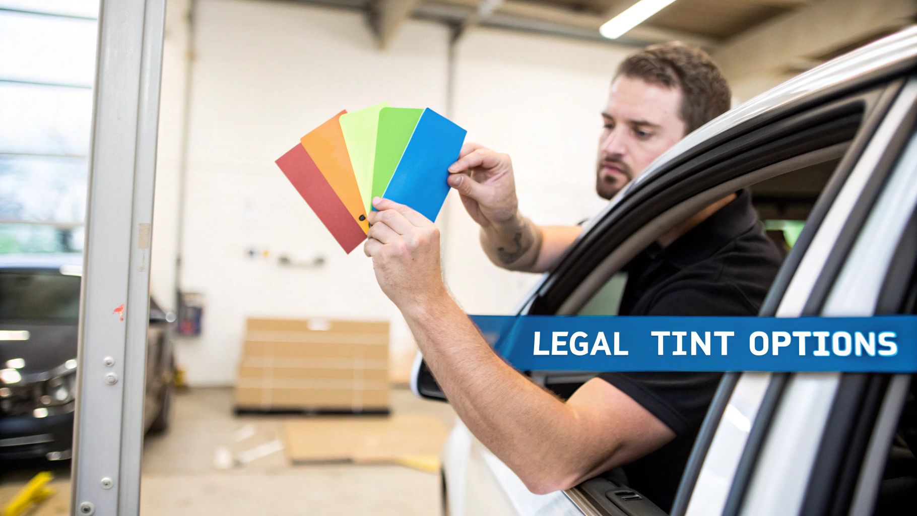 Man in car reviewing colorful tint samples, highlighting legal options for car window tinting.