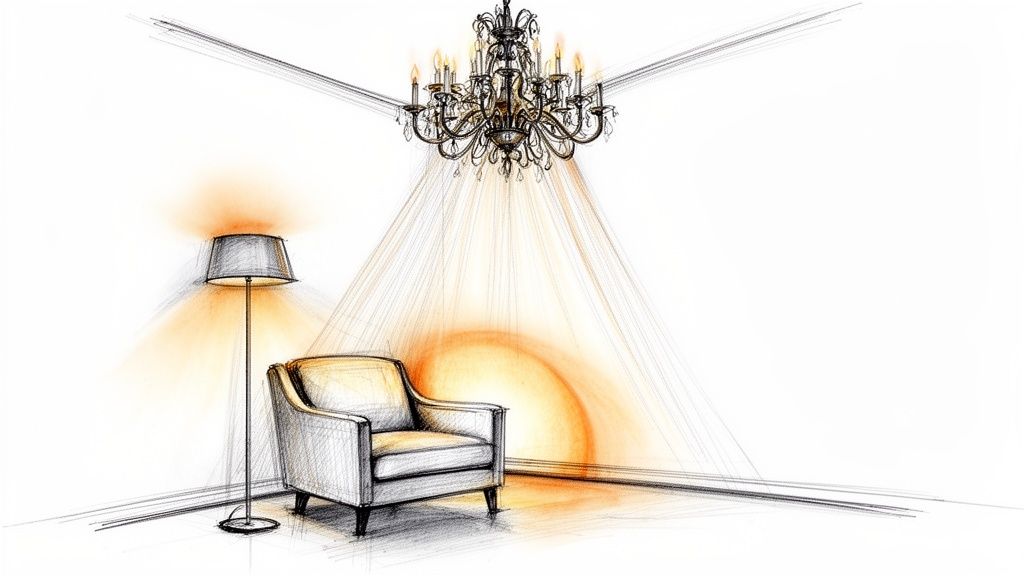 A detailed sketch of a cozy room corner with a floor lamp, armchair, and an elegant chandelier illuminating warm light.