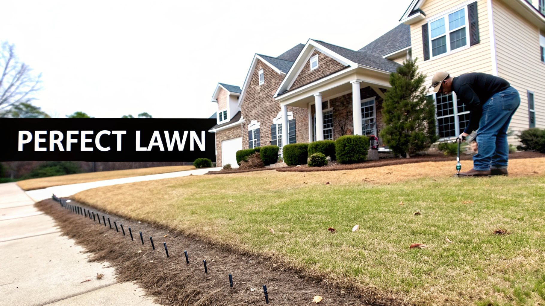 A man in jeans and a cap aerates a residential lawn with a tool in front of a house.