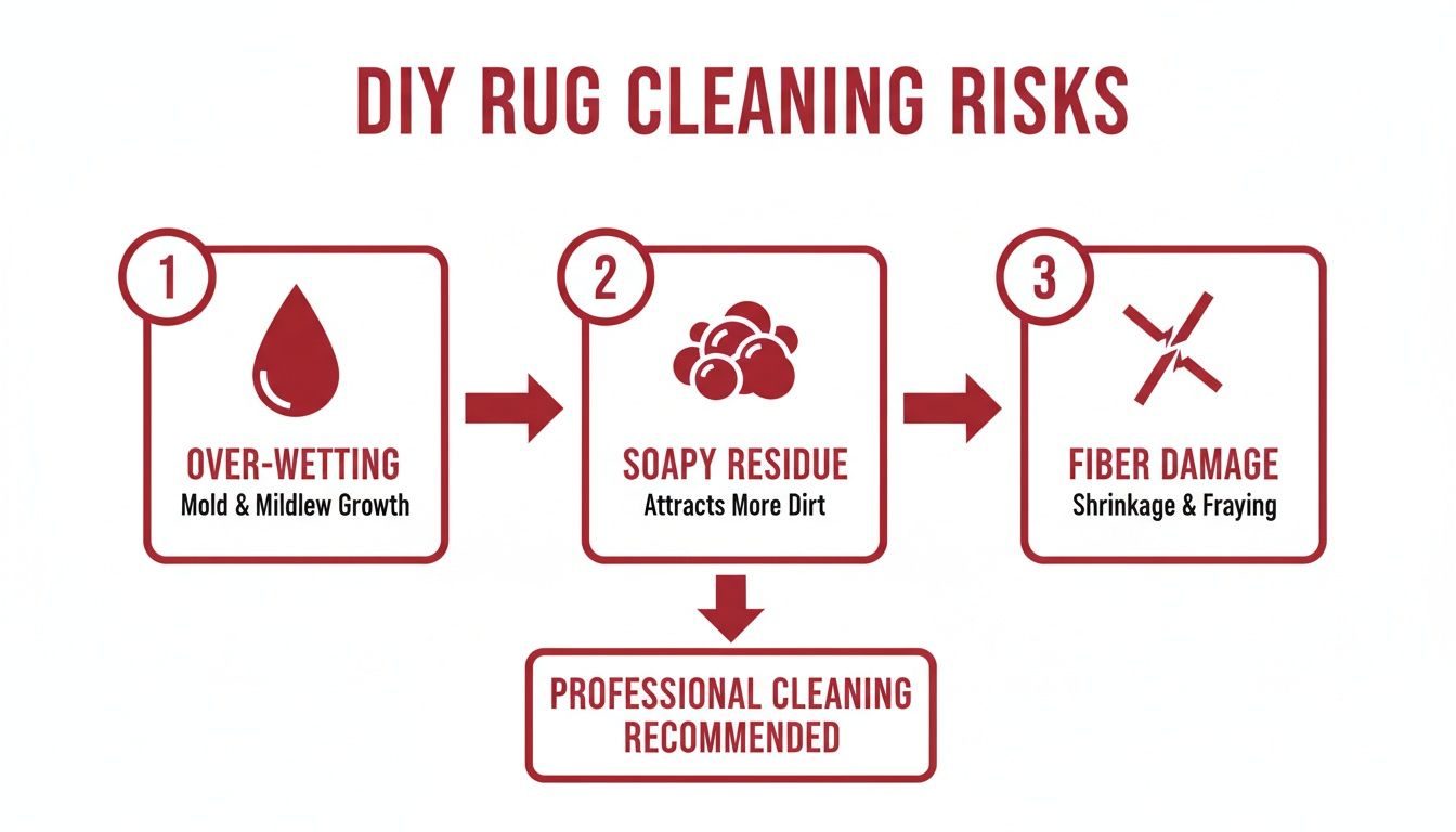Flowchart showing DIY rug cleaning risks: over-wetting, soapy residue, and fiber damage, recommending professional service.