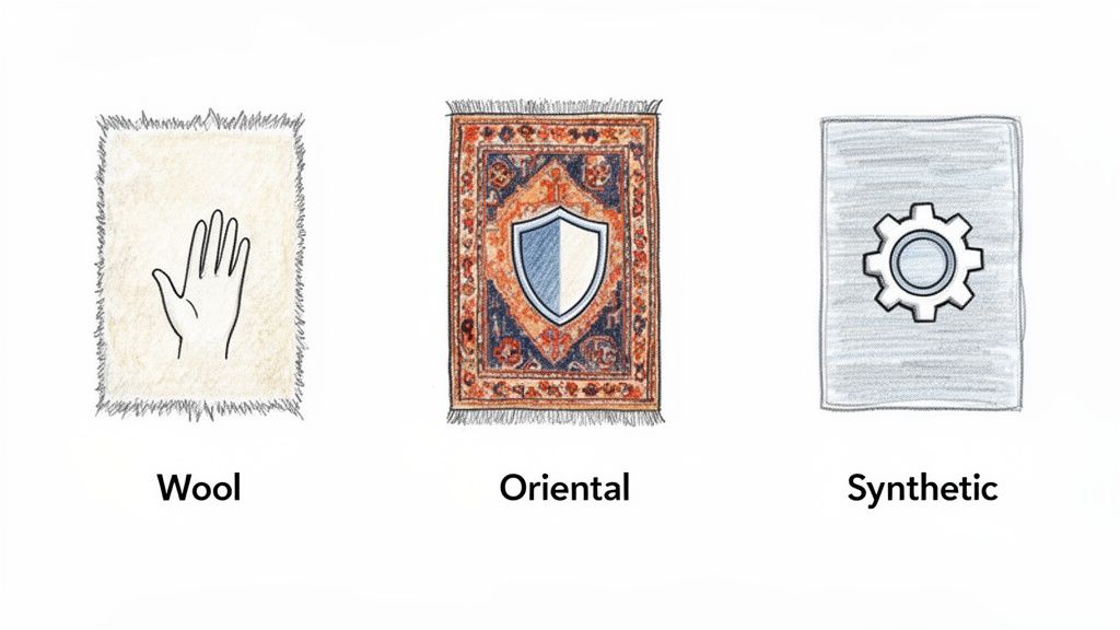 Illustrations of wool, oriental, and synthetic rugs, each represented by a symbolic icon.