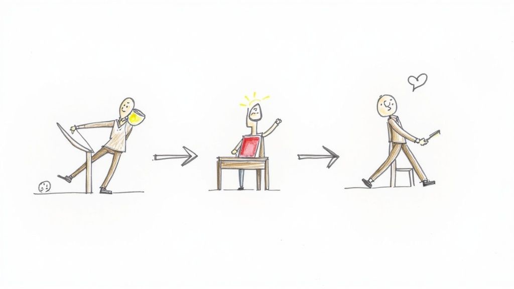 A cartoon showing a person failing to sit, then gaining an idea, and finally walking happily with a solution.