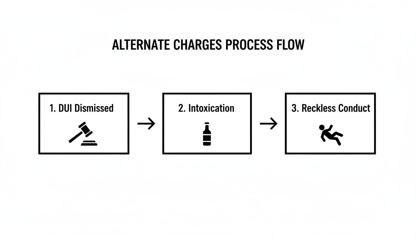 A flow chart depicting the alternate charges process: DUI dismissed, then intoxication, then reckless conduct.
