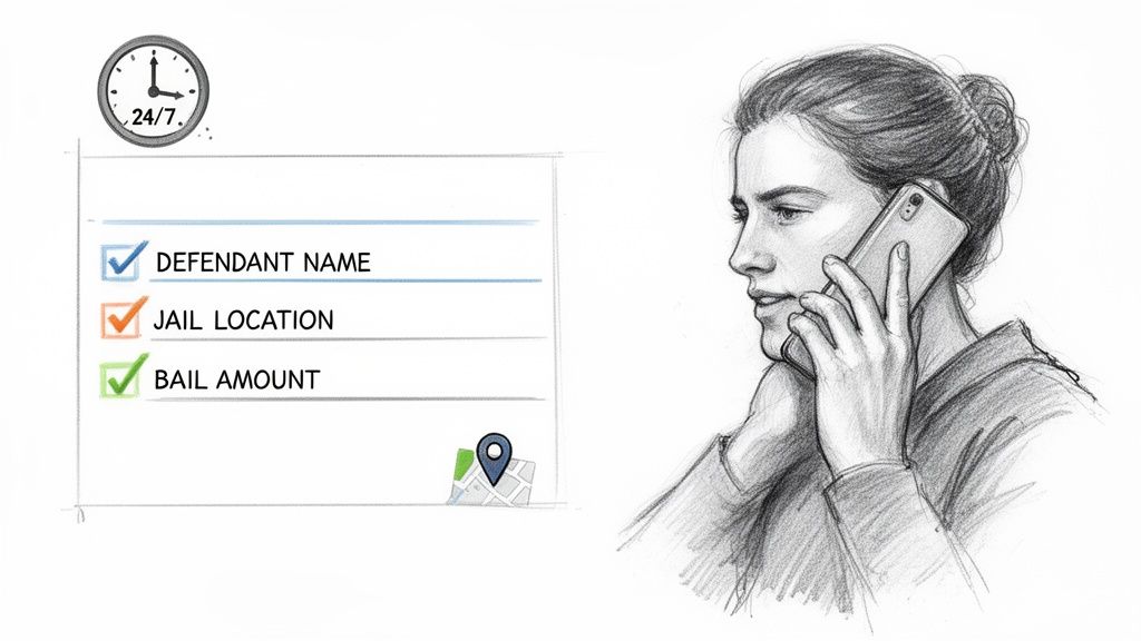 Woman calls for bail information: defendant name, jail location, bail amount, available 24/7.