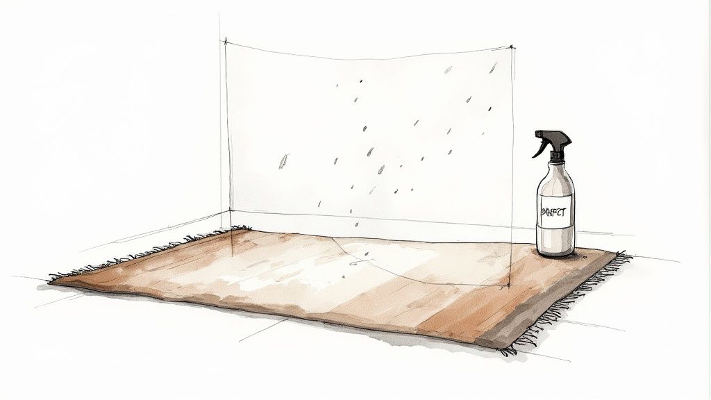 A brown rug with a clear barrier, a spray bottle, and small marks, suggesting a cleaning task.