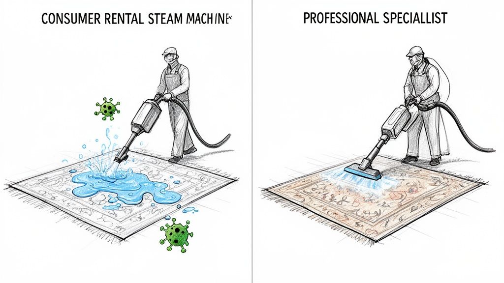 Illustration comparing messy, ineffective consumer rental rug cleaning with effective professional rug cleaning.