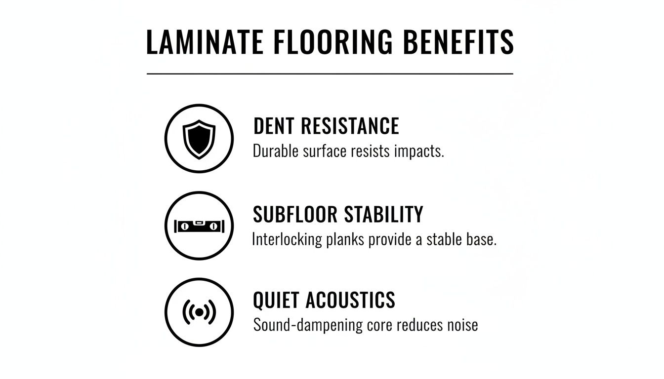 Laminate flooring benefits including dent resistance, subfloor stability from interlocking planks, and sound-dampening for quiet acoustics.