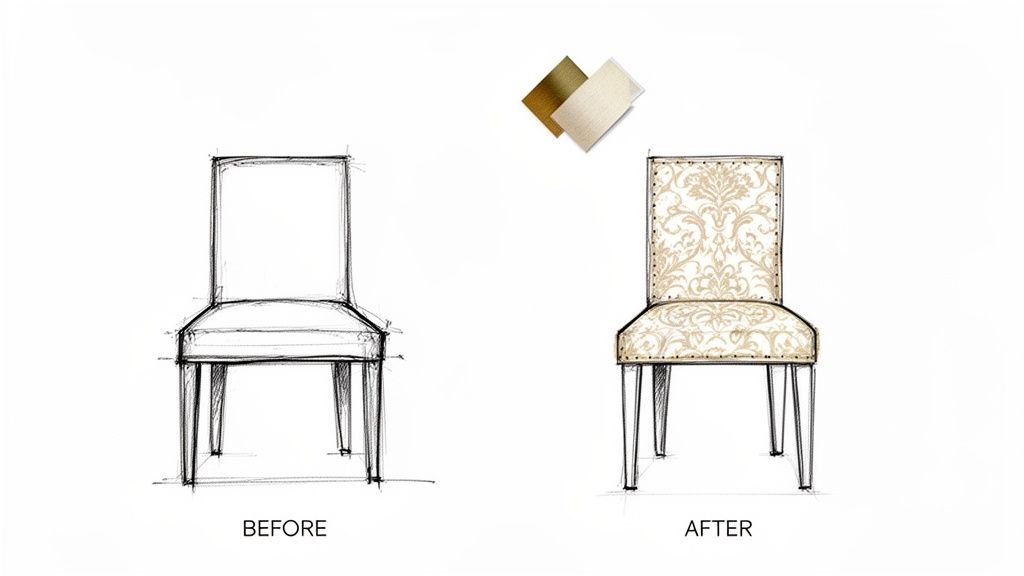 Sketch showing a plain dining chair transformed with patterned fabric and decorative studs, alongside fabric swatches.