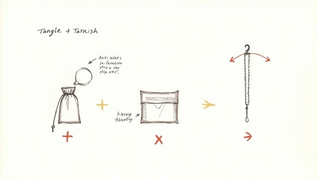 Hand-drawn sketch illustrating methods for jewelry storage, showing pouches, boxes, and hanging chains to prevent tangles and tarnish.