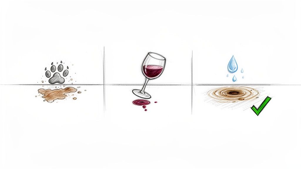 Three illustrations showing common household stains: mud, spilled wine, and water on a stain with a green checkmark.