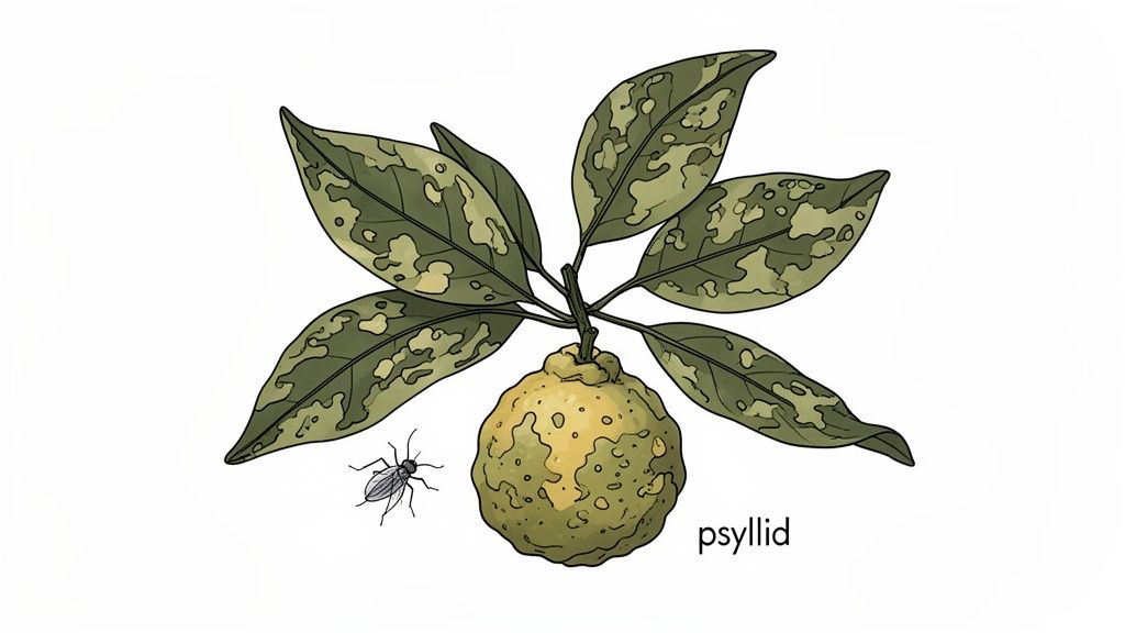 Illustration of a diseased citrus fruit and mottled leaves with a psyllid insect, representing citrus greening disease.