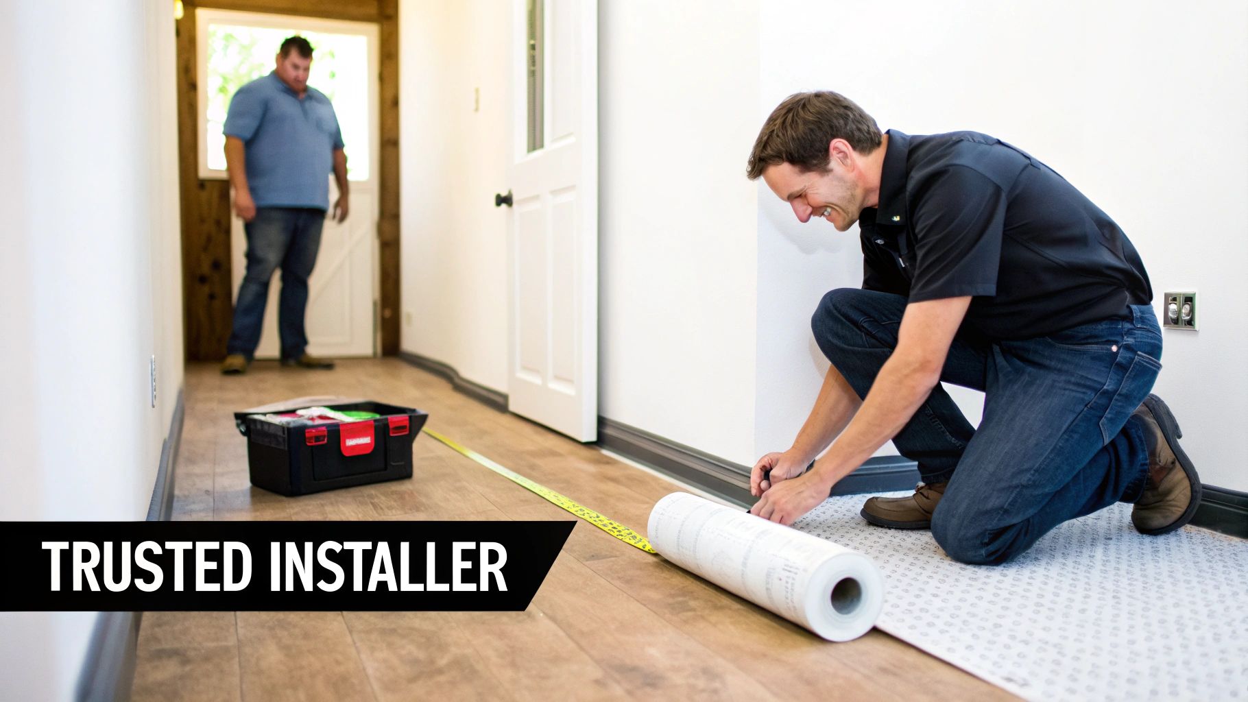 A smiling man kneels, installing new flooring (possibly luxury vinyl) in a room, with tools and another man observing.