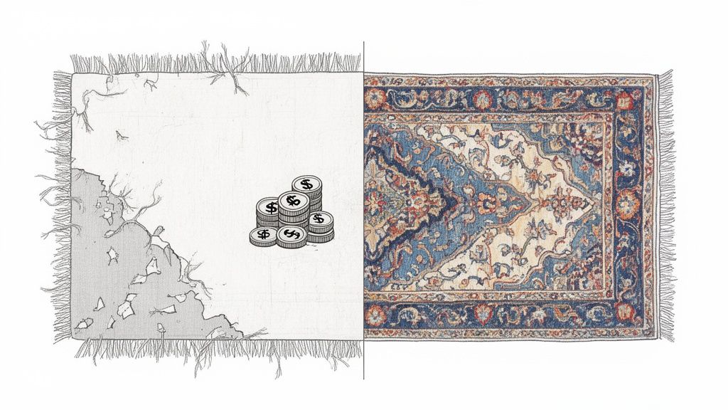 A worn, monochrome rug with dollar coins contrasts with a beautiful, clean, patterned rug.
