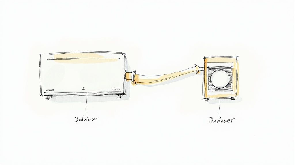 A single-split HVAC unit mounted on the wall of a modern commercial office space