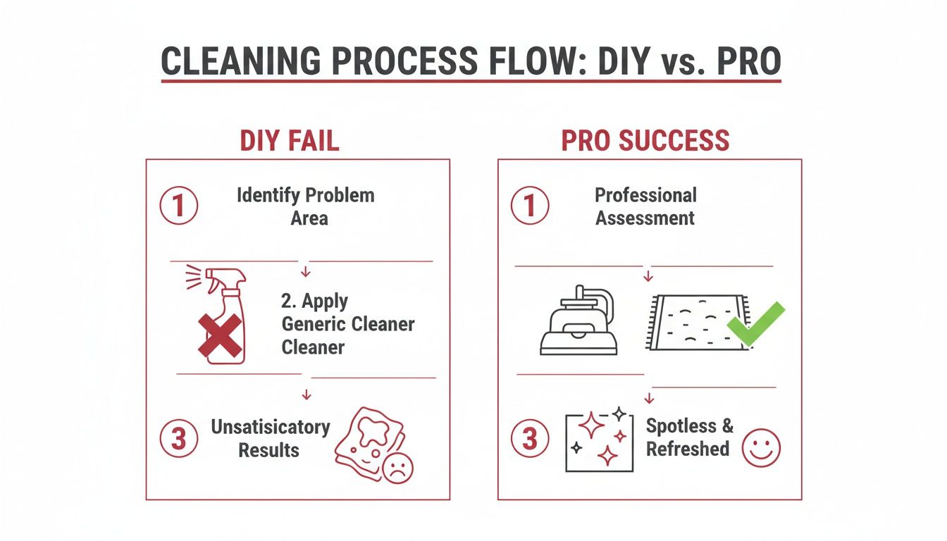 Flowchart comparing the ineffective DIY cleaning process against the successful professional cleaning process for stains.