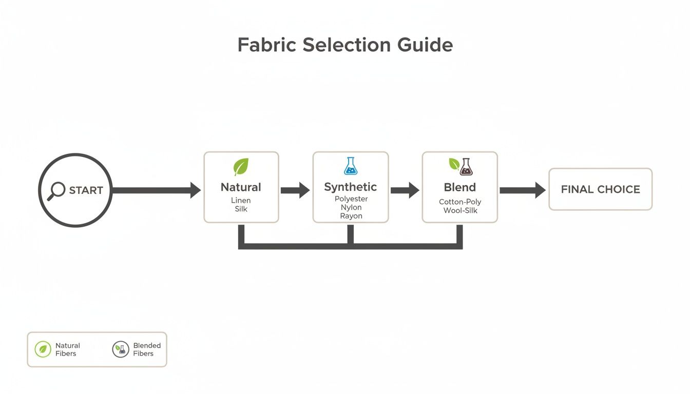 A flowchart illustrating a fabric selection guide, categorizing options into natural, synthetic, and blended materials.