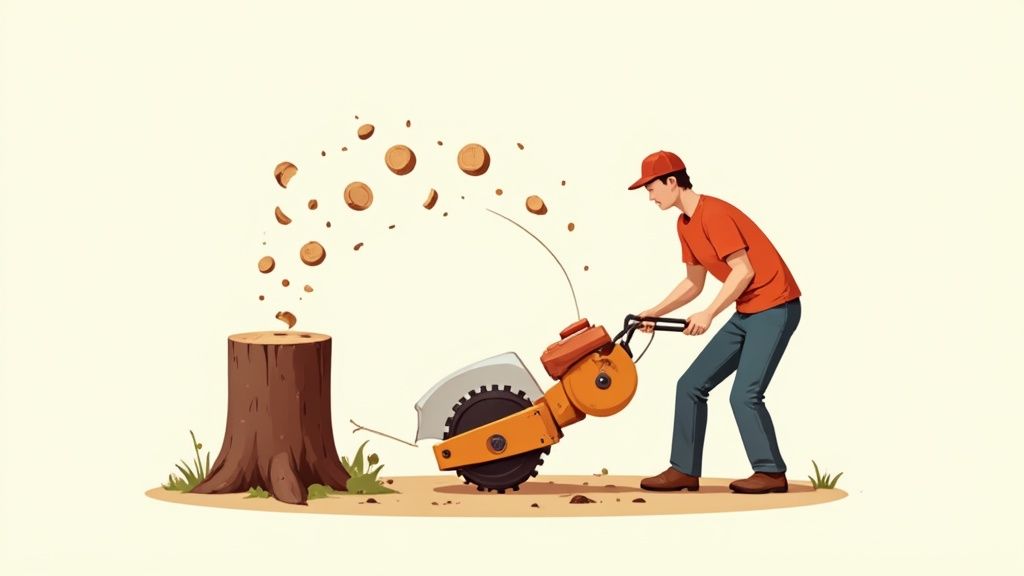 A professional operating a stump grinder on a residential lawn, showing the machine chipping away at a tree stump.