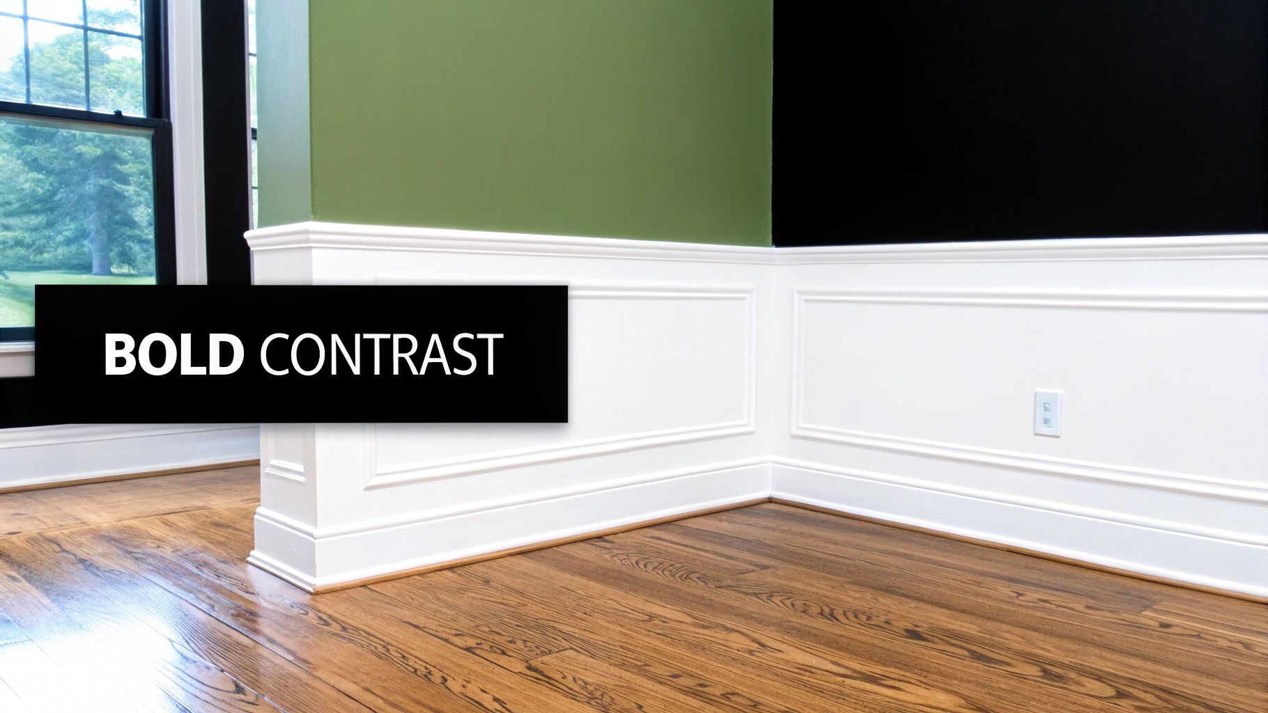 A stylish room featuring bold contrast with green and black walls, white wainscoting, and hardwood floors.