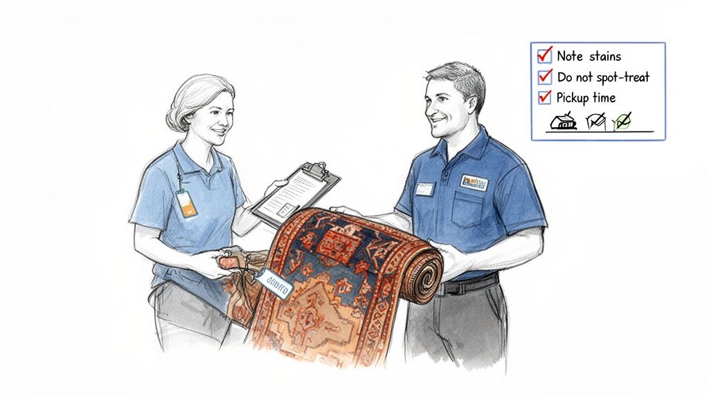Two uniformed professionals accepting an oriental rug, noting cleaning instructions on a clipboard.