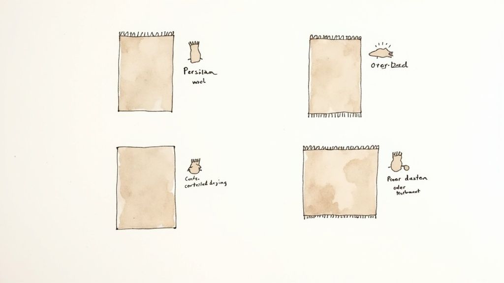 Four hand-drawn illustrations demonstrating different aspects of rug care, including Persian wool, over-drying, and treatment issues.