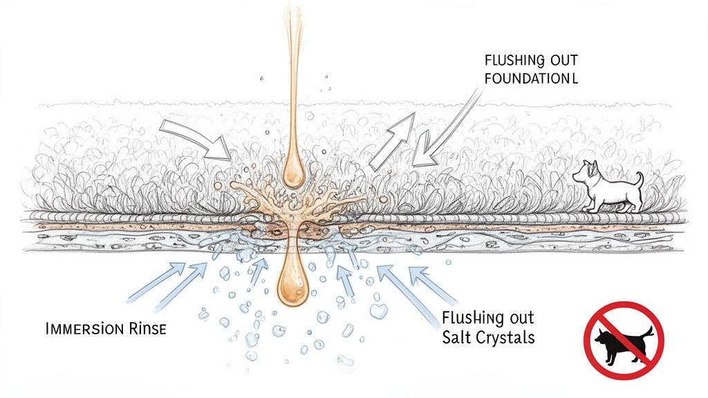 Diagram showing a cross-section of a rug being deep cleaned, flushing out pet stains and salt crystals.