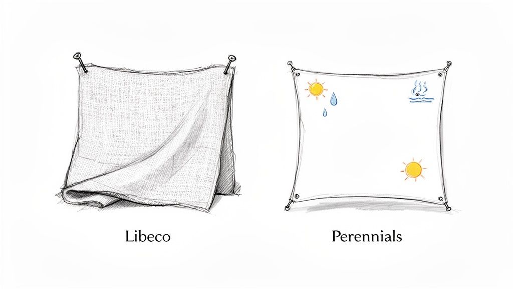 Two fabric samples are shown: 'Libeco' with a soft, natural texture, and 'Perennials' with sun, rain, and steam icons.