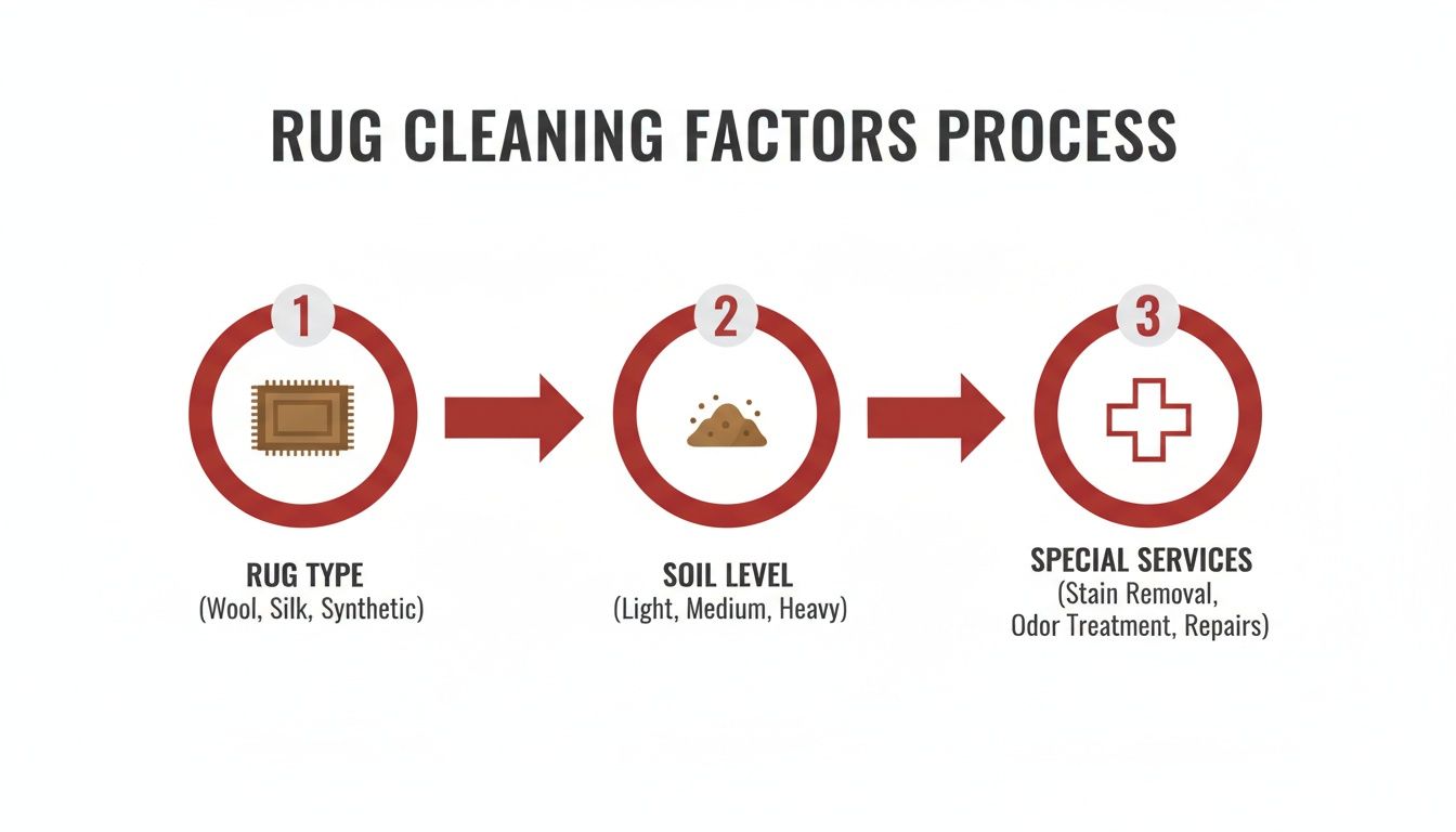 An infographic illustrating the three-step rug cleaning process: rug type, soil level, and special services.